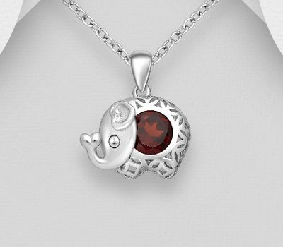 Şəkli böyütmək üçün tiklayın 925 Sterling Silver Elephant Pendant, Decorated with Garnet