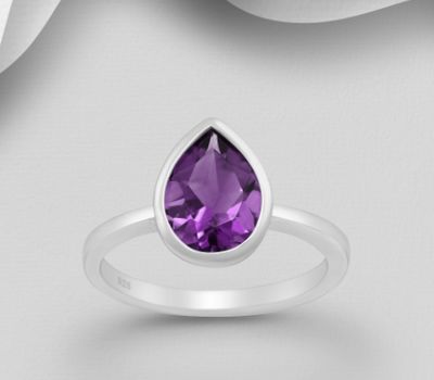 La Preciada - 925 Sterling Silver Solitaire Droplet Ring, Decorated with Amethyst