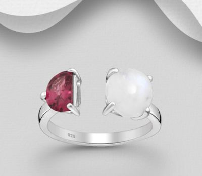 La Preciada - 925 Sterling Silver Adjustable Ring, Decorated with Rainbow Moonstone and Rhodolite