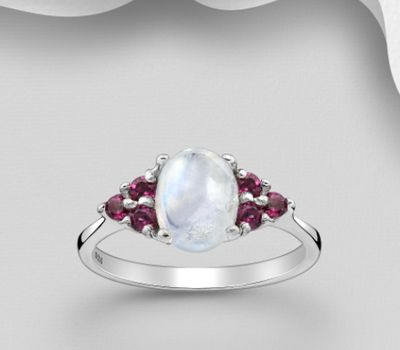 Şəkli böyütmək üçün tiklayın La Preciada - 925 Sterling Silver Ring, Decorated with Rainbow Moonstone and Rhodolite