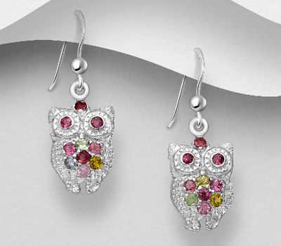 925 Sterling Silver Owl Hook Earrings, Decorated with Various Gemstones