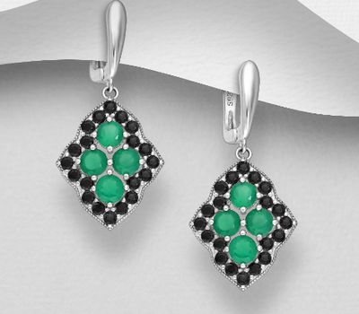 Şəkli böyütmək üçün tiklayın La Preciada - 925 Sterling Silver Omega-Lock Earrings, Decorated with Black Zircon and Green Agate