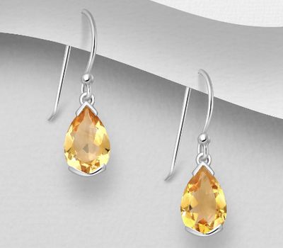La Preciada - 925 Sterling Silver Droplet Hook Earrings, Decorated with Citrine