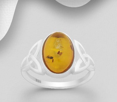 925 Sterling Silver Celtic Ring, Decorated with Baltic Amber