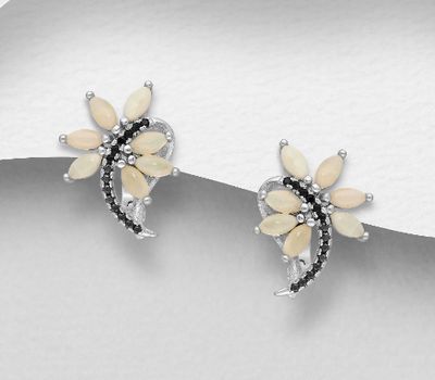 Şəkli böyütmək üçün tiklayın La Preciada - 925 Sterling Silver Omega Lock Earrings, Decorated with CZ Simulated Diamonds and Ethiopian Opal
