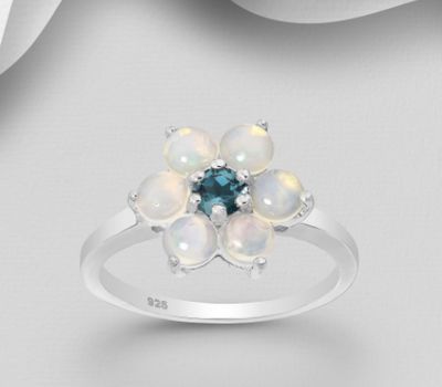 La Preciada - 925 Sterling Silver Flower Ring, Decorated with London Blue Topaz and Ethiopian Opals