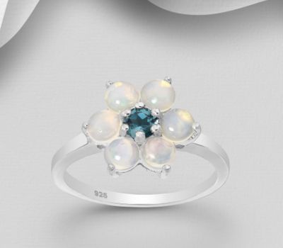 Şəkli böyütmək üçün tiklayın La Preciada - 925 Sterling Silver Flower Ring, Decorated with London Blue Topaz and Ethiopian Opals
