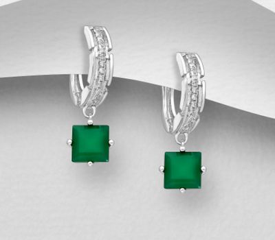 Şəkli böyütmək üçün tiklayın La Preciada - 925 Sterling Silver Omega Lock Earrings, Decorated with CZ Simulated Diamonds and Green Agate