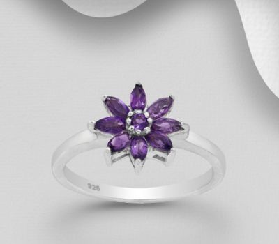 La Preciada - 925 Sterling Silver Flower Ring Decorated with Amethyst