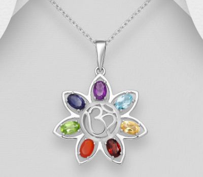 925 Sterling Silver Chakra and Om Sign Pendant, Decorated with Amethyst, Carnelian, Citrine, Garnet, Lolite, Peridot and Sky-Blue Topaz, Gemstone Colors may Vary.