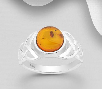 925 Sterling Silver Celtic Solitaire Ring, Decorated with Baltic Amber