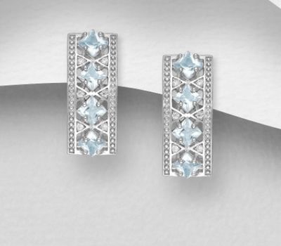 Malın səhifəsinə keç La Preciada - 925 Sterling Silver Omega Lock Earrings, Decorated with CZ Simulated Diamonds and Sky-Blue Topaz