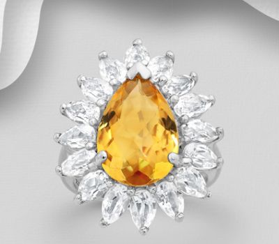 La Preciada - 925 Sterling Silver Cocktail Ring, Decorated with Citrine and White Topaz