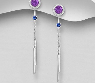 La Preciada 925 Sterling Silver Jacket Earrings, Decorated with CZ Simulated Diamonds and Amethyst