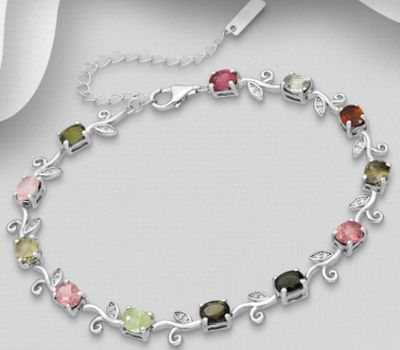 Şəkli böyütmək üçün tiklayın La Preciada - 925 Sterling Silver Adjustable Leaf Bracelet, Decorated with Various Colors of Tourmaline