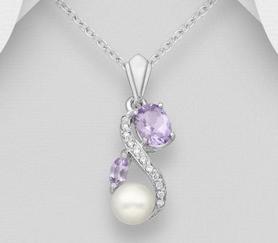 925 Sterling Silver Pendant, Decorated with CZ Simulated Diamonds, Amethyst and Freshwater Pearls