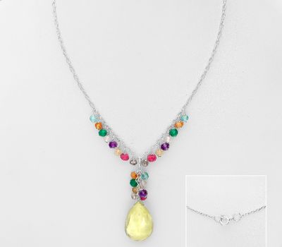 925 Sterling Silver Necklace, Decorated with Various Gemstones. Gemstone Colors may Vary.