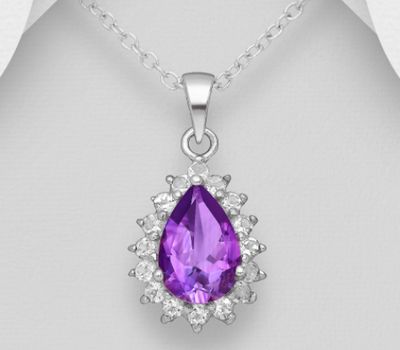 La Preciada - 925 Sterling Silver Halo Pendant, Decorated with Amethyst and White Topaz