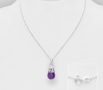 925 Sterling Silver Necklace, Decorated with Gemstone Beads, Stone shape and size will vary.