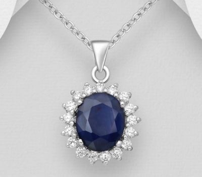 La Preciada - 925 Sterling Silver Halo Pendant, Decorated with Blue Sapphire and CZ Simulated Diamonds