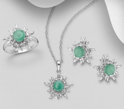 La Preciada - 925 Sterling Silver Omega Lock Earrings, Ring and Pendant Jewelry Set, Decorated with Gemstones