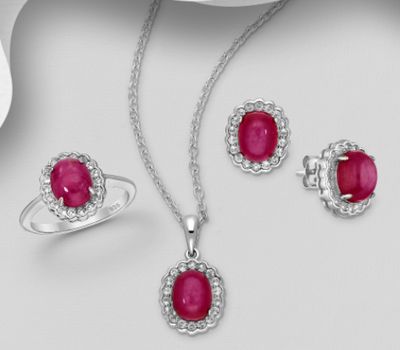 La Preciada - 925 Sterling Silver Oval Halo Omega Lock Earrings, Ring and Pendant Jewelry Set, Decorated with Ruby and White Topaz