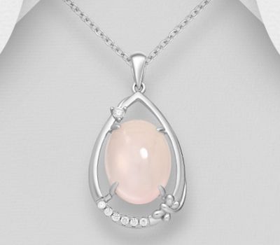 Şəkli böyütmək üçün tiklayın La Preciada - 925 Sterling Silver Droplet Pendant, Decorated with Rose Quartz and CZ Simulated Diamonds