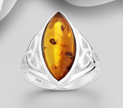 925 Sterling Silver Celtic Ring, Decorated with Baltic Amber