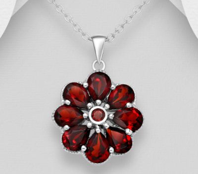 La Preciada - 925 Sterling Silver Flower Pendant, Decorated with Garnets