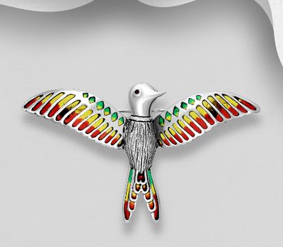 Şəkli böyütmək üçün tiklayın 925 Sterling Silver Bird Brooch, Decorated with Colored Enamel and Ruby