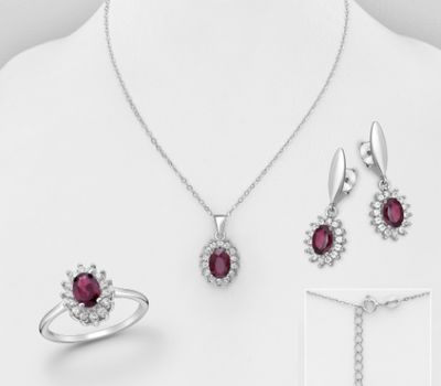 La Preciada - 925 Sterling Silver Push-Back Earrings, Ring and Necklace, Decorated with CZ Simulated Diamonds and Rhodolite