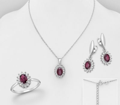 Şəkli böyütmək üçün tiklayın La Preciada - 925 Sterling Silver Push-Back Earrings, Ring and Necklace, Decorated with CZ Simulated Diamonds and Rhodolite