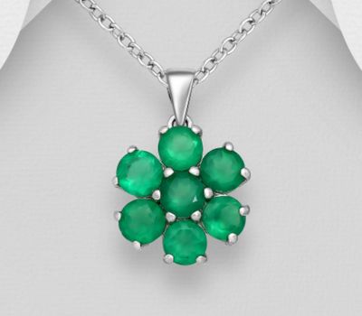 La Preciada - 925 Sterling Silver Flower Pendant, Decorated with Green Agate