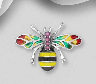 925 Sterling Silver Bee Brooch, Decorated with Colored Enamel and Ruby