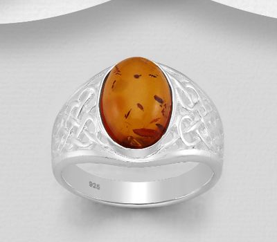 Şəkli böyütmək üçün tiklayın 925 Sterling Silver Celtic Ring, Decorated with Baltic Amber