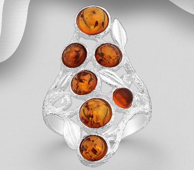 Şəkli böyütmək üçün tiklayın 925 Sterling Silver Leaf Ring, Decorated with Baltic Amber
