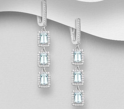 Şəkli böyütmək üçün tiklayın La Preciada - 925 Sterling Silver Omega Lock Earrings, Decorated with CZ Simulated Diamonds and Sky-Blue Topaz