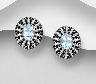 Şəkli böyütmək üçün tiklayın La Preciada - 925 Sterling Silver Oval Omega Lock Earrings, Decorated with CZ Simulated Diamonds and Sky-Blue Topaz