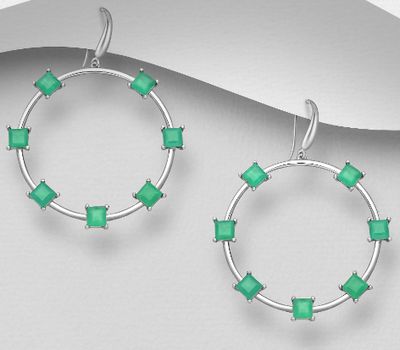 Şəkli böyütmək üçün tiklayın 925 Sterling Silver Circle Hook Earrings, Decorated with Green Agate
