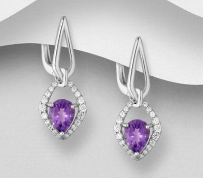 Şəkli böyütmək üçün tiklayın La Preciada - 925 Sterling Silver Omega Lock Earrings, Decorated with Droplet Amethyst and CZ Simulated Diamonds