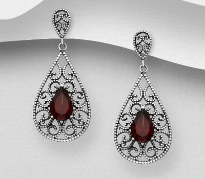 Şəkli böyütmək üçün tiklayın 925 Sterling Silver Oxidized Droplet Push-Back Earrings, Featuring Swirl Pattern, Decorated with Garnet