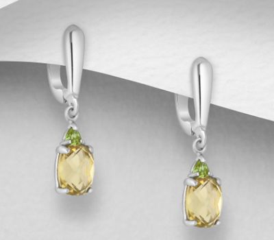 Şəkli böyütmək üçün tiklayın La Preciada - 925 Sterling Silver Omega Lock Earrings, Decorated with Lemon Quartz and Peridots