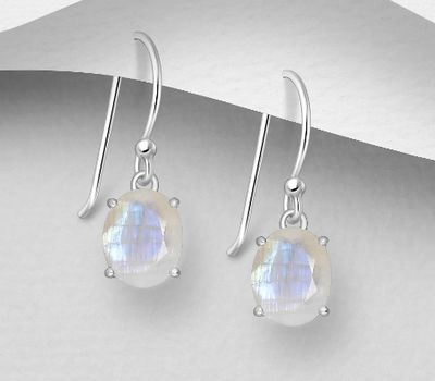 La Preciada - 925 Sterling Silver Oval Hook Earrings, Decorated with Rainbow Moonstone