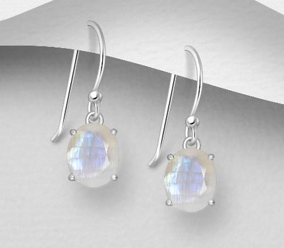 Şəkli böyütmək üçün tiklayın La Preciada - 925 Sterling Silver Oval Hook Earrings, Decorated with Rainbow Moonstone