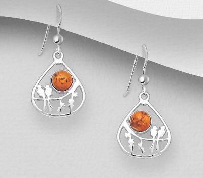 925 Sterling Silver Bird Hook Earrings Featuring Branch, Decorated with Baltic Amber