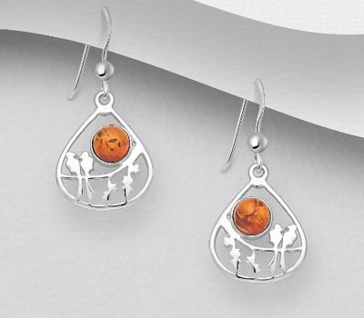 Şəkli böyütmək üçün tiklayın 925 Sterling Silver Bird Hook Earrings Featuring Branch, Decorated with Baltic Amber