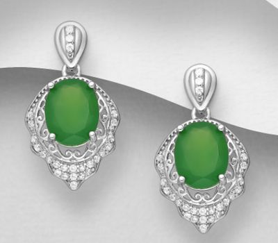 Şəkli böyütmək üçün tiklayın La Preciada - 925 Sterling Silver Swirl Push-Back Earrings, Decorated with CZ Simulated Diamonds and Green Agate