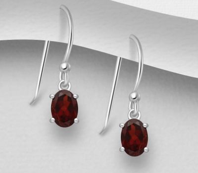 La Preciada - 925 Sterling Silver Oval Hook Earrings, Decorated with Garnet