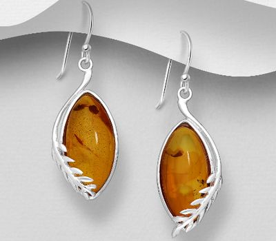 925 Sterling Silver Marquise Shaped Hook Earrings Featuring Branch, Decorated with Baltic Amber