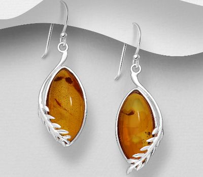 Şəkli böyütmək üçün tiklayın 925 Sterling Silver Marquise Shaped Hook Earrings Featuring Branch, Decorated with Baltic Amber
